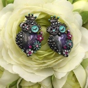 🍀 Jeweled Multicolor Painted Owl Crown Stud Earrings